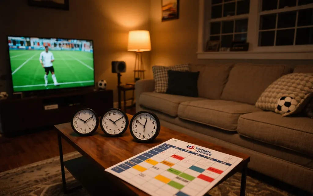客厅观赛场景：电视、零食、时区时钟与作息计划表