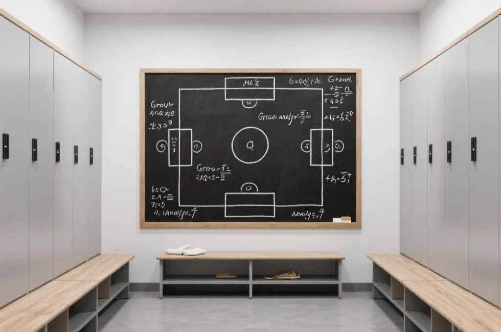 Tactical board showing football strategies and group analysis formulas